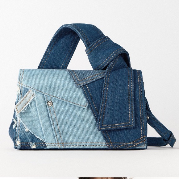 Zara patchwork denim mini city bag denim blue NWT - Picture 3 of 8